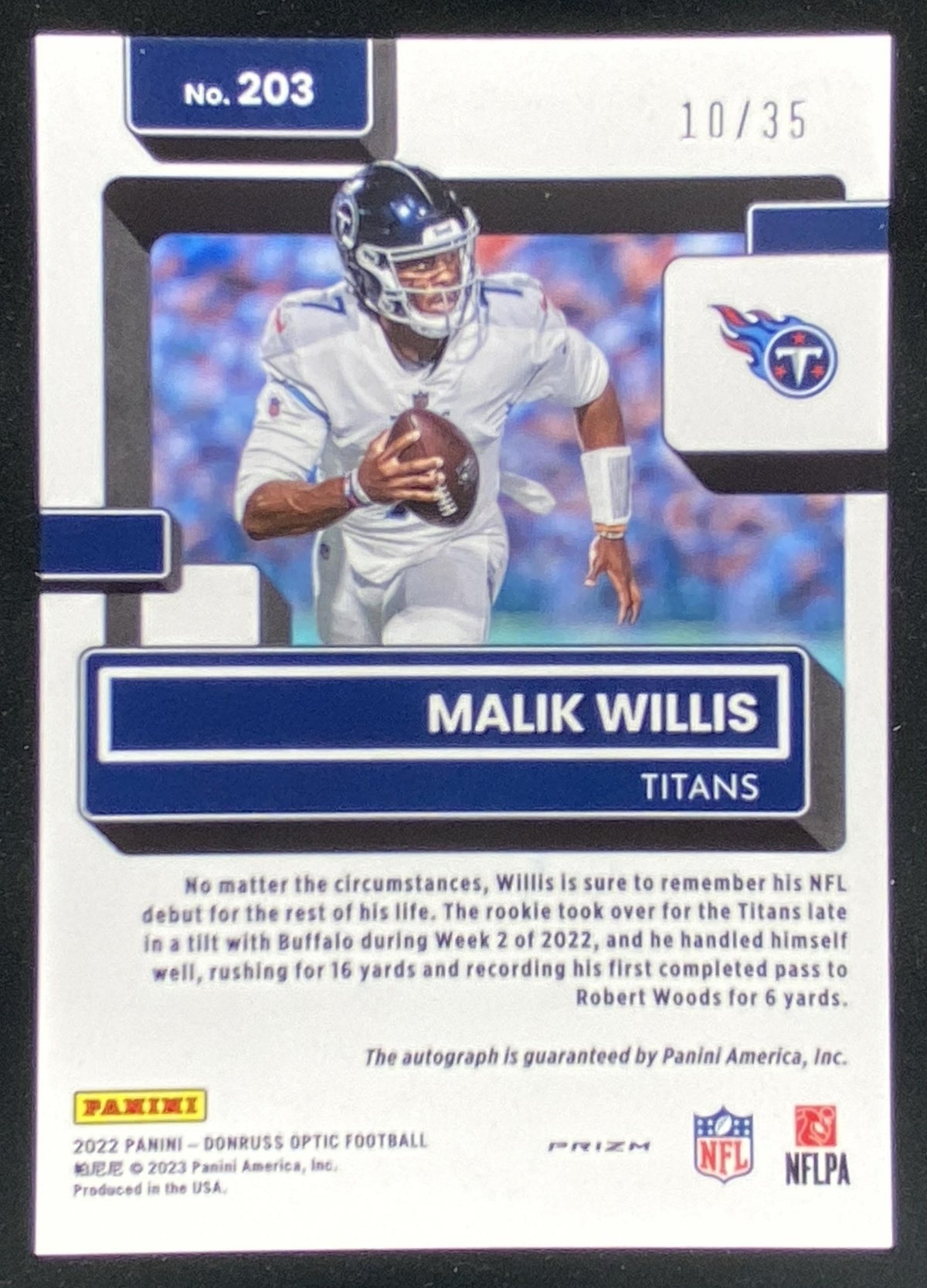 2022 Panini Donruss Optic Malik Willis trading card