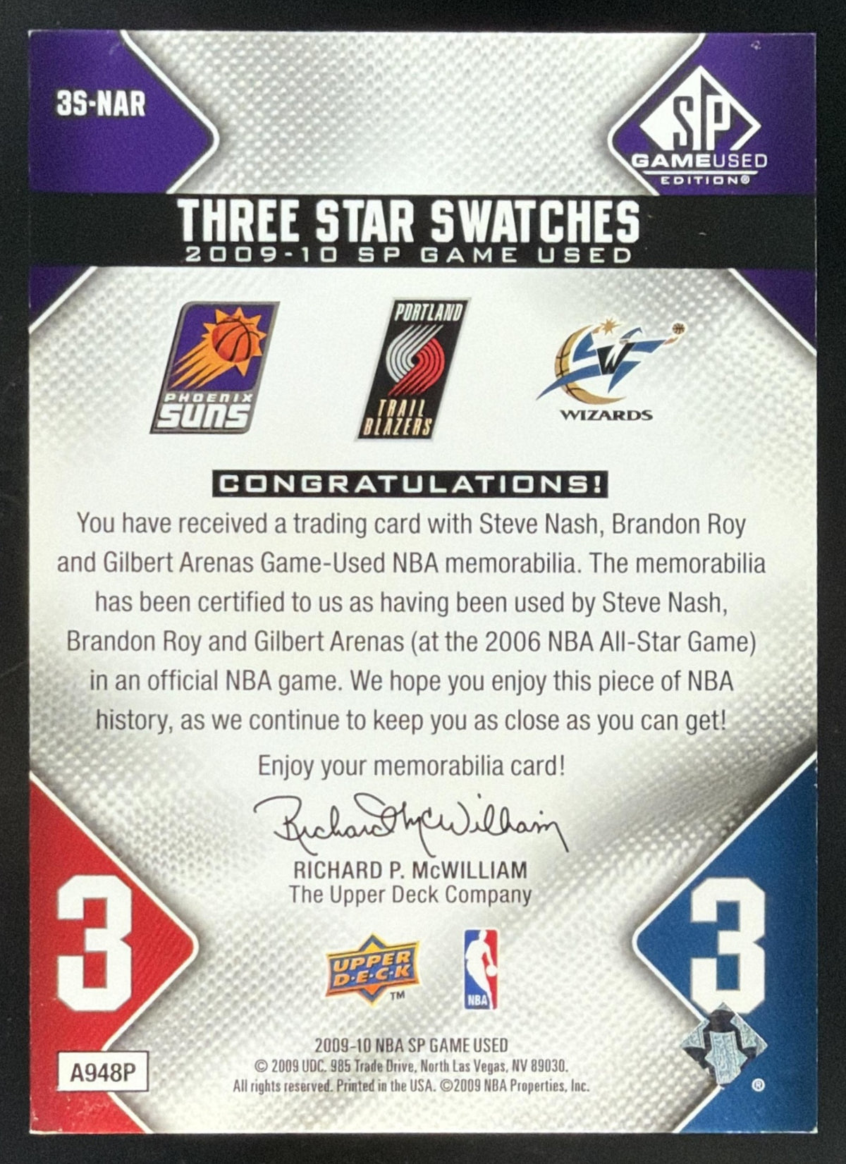 2009 SP Game Used Brandon Roy / Gilbert Arenas / Steve Nash Triple Jersey /35