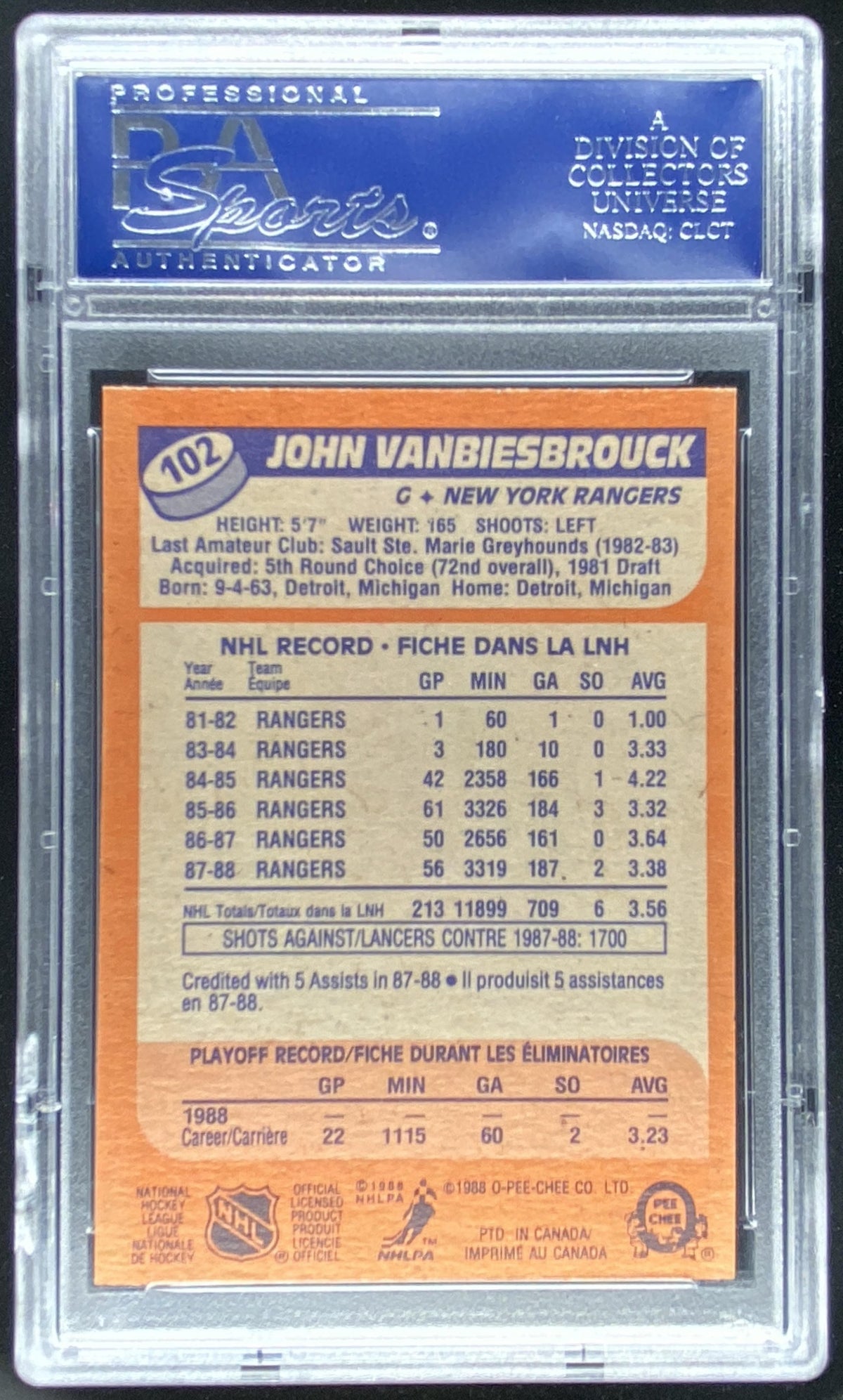 1988 O-Pee-Chee John Vanbiesbrouck #102 graded PSA 9 trading card