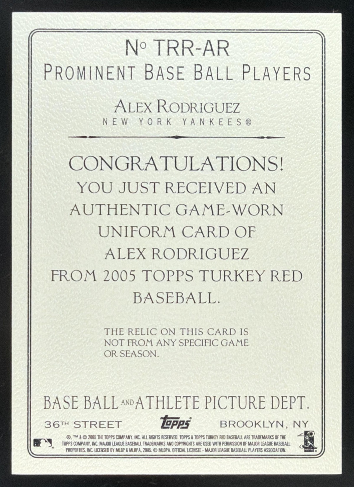 2005 Topps Turkey Red Alex Rodriguez Jersey