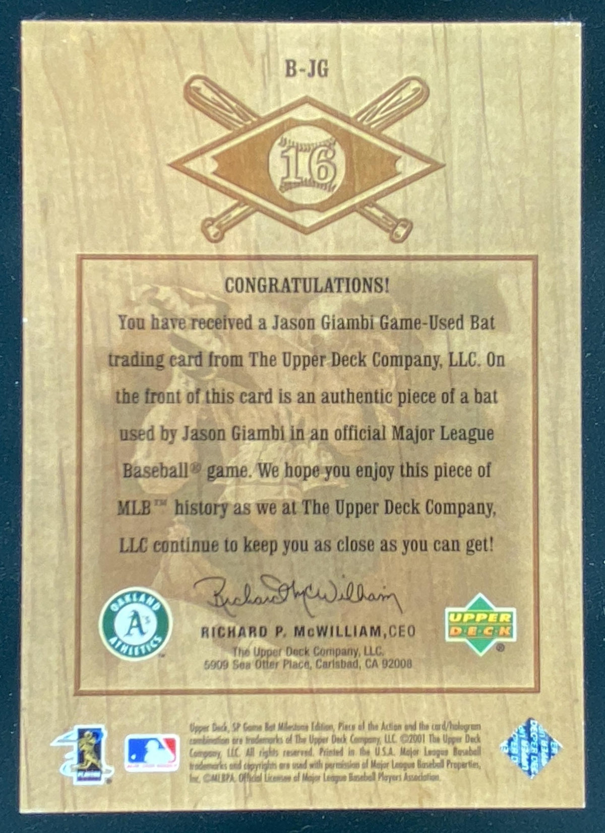 2001 SP Game Bat Milestone Jason Giambi #B-JG trading card