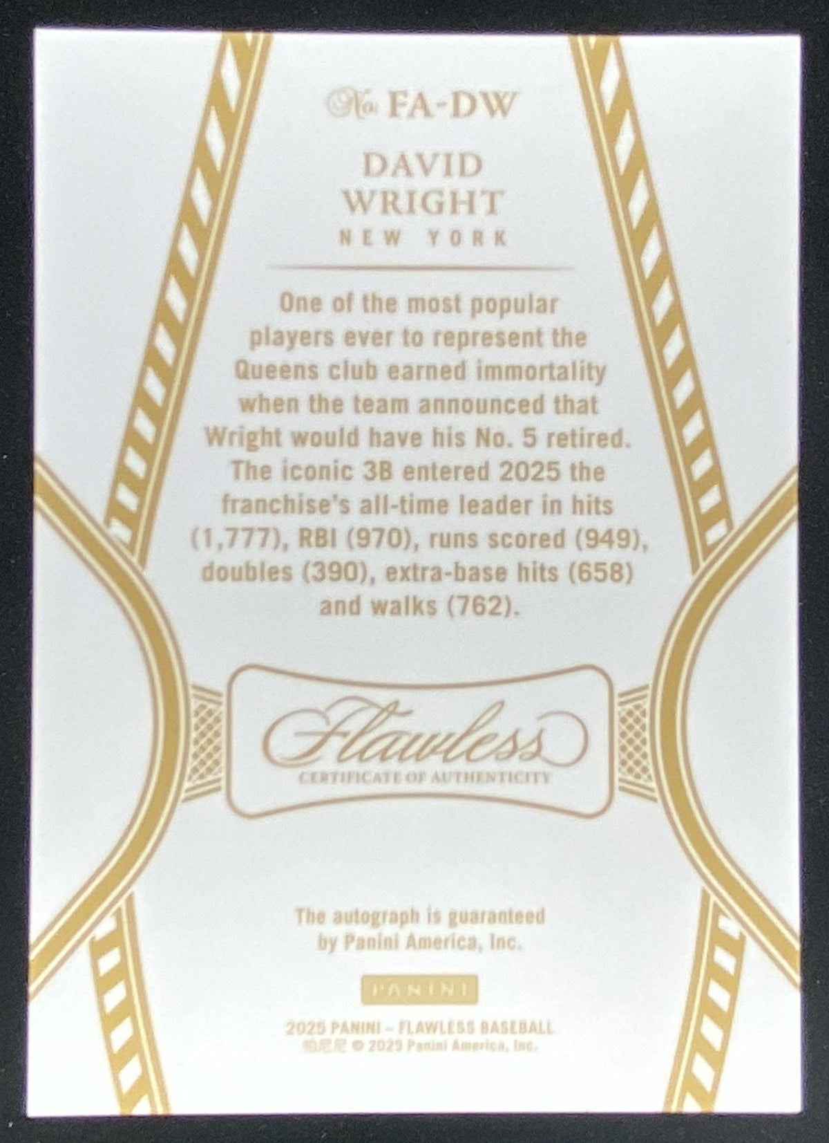 2025 Panini Flawless David Wright #FA-DW trading card