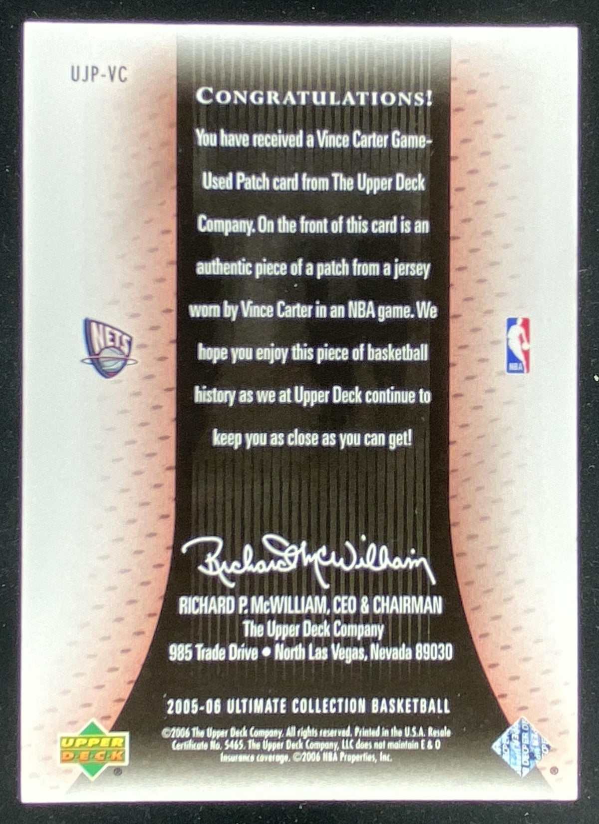 2005 Upper Deck Ultimate Collection Vince Carter trading card