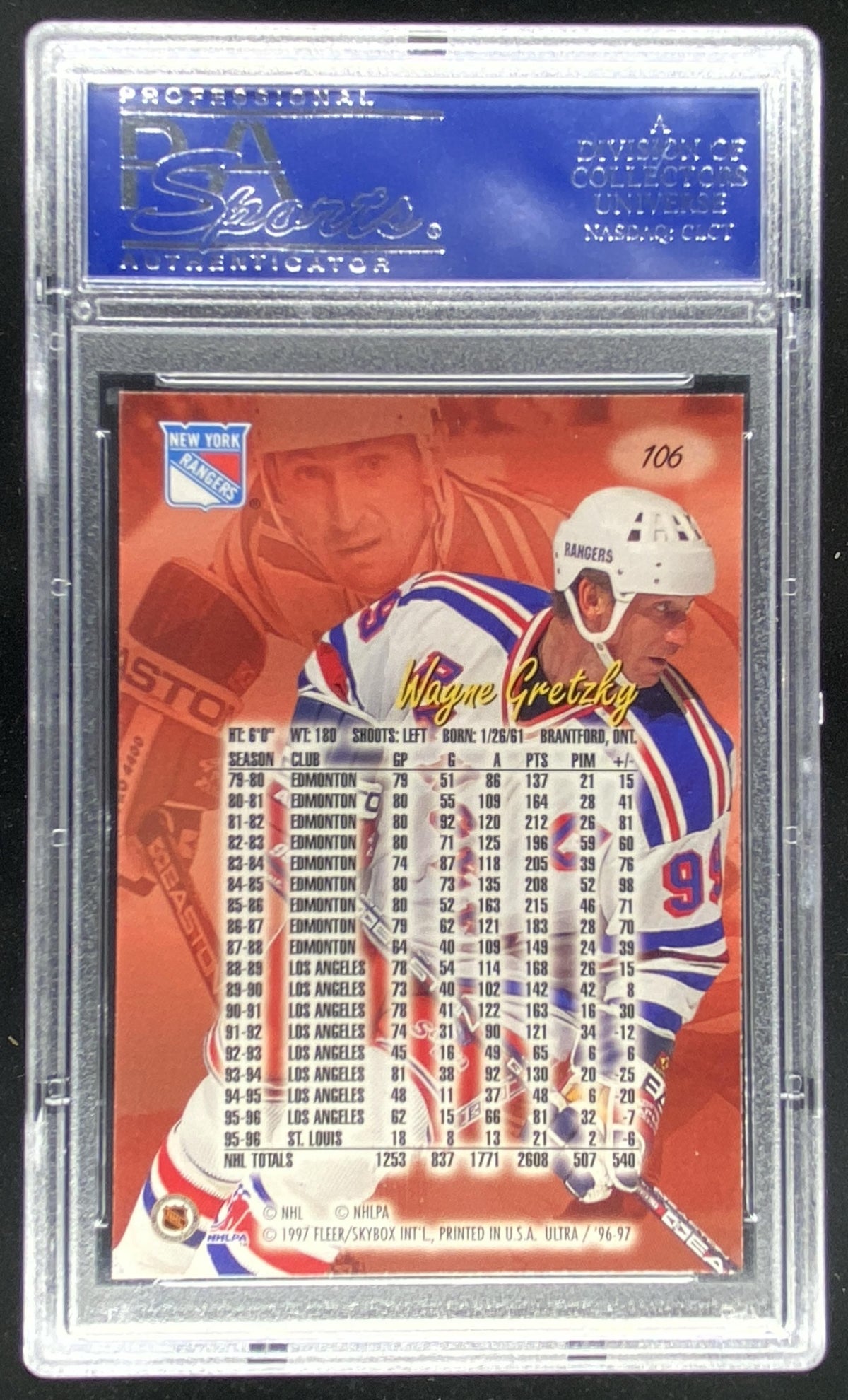 1996 Fleer Ultra Wayne Gretzky #106 graded PSA 10 trading card