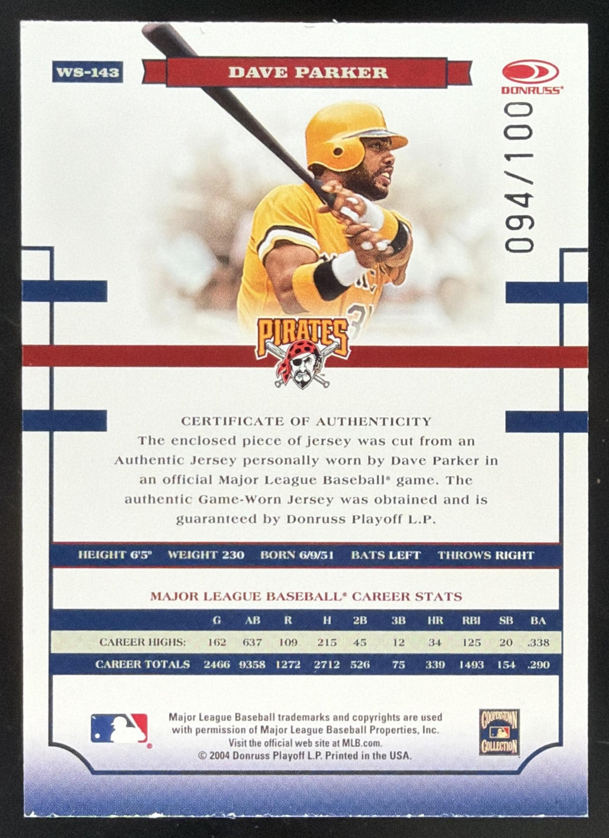 2004 Donruss World Series Dave Parker Jersey /100