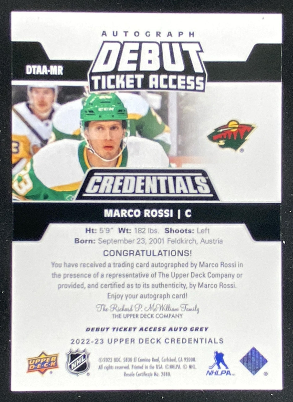 2022 Upper Deck Credentials Marco Rossi trading card