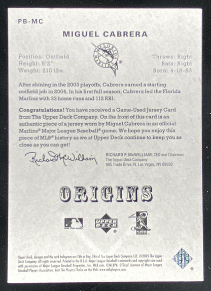 2005 Upper Deck Origins Miguel Cabrera #PBMC trading card