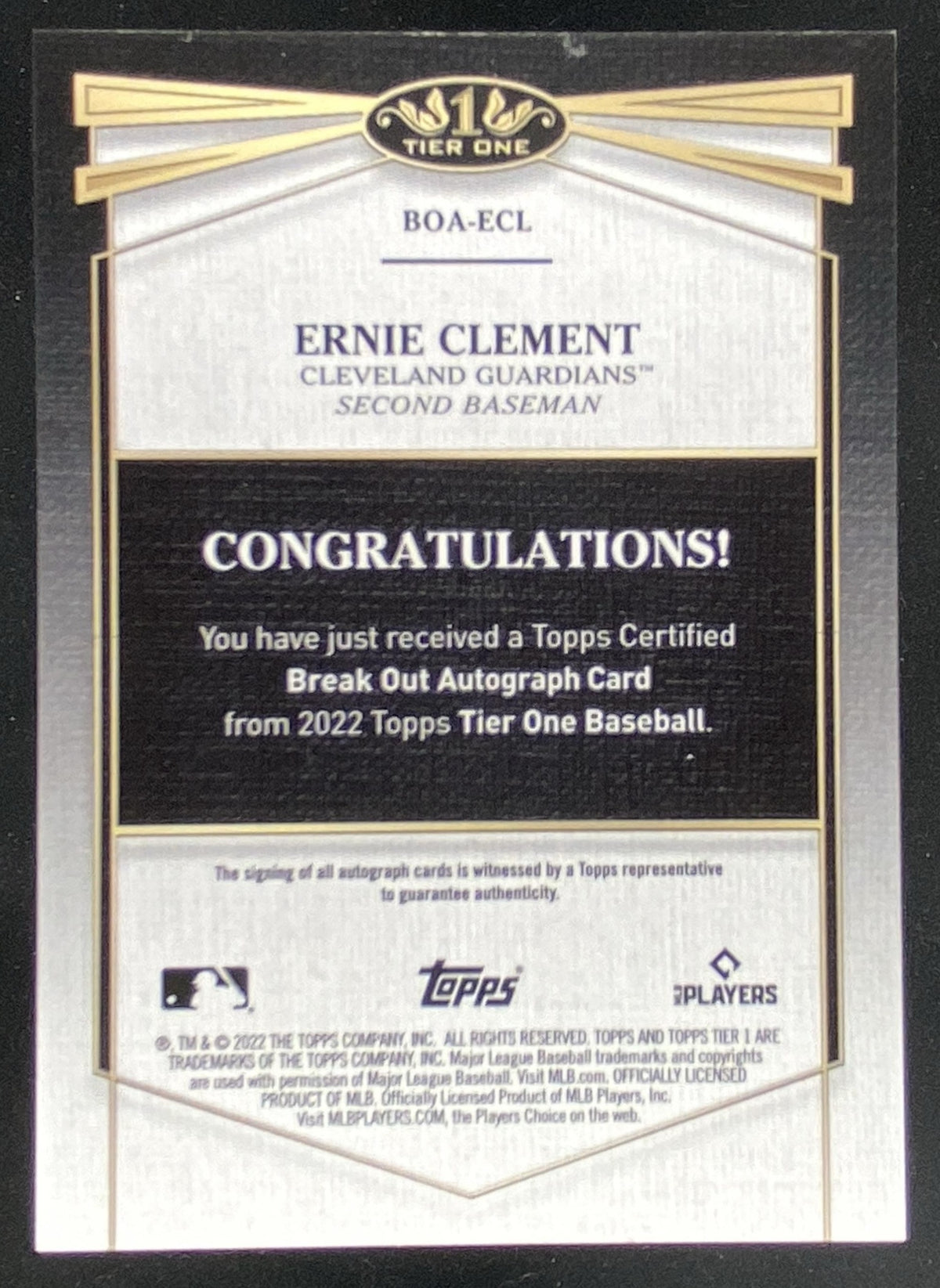 2022 Topps Tier One Ernie Clement #BOA-ECL trading card