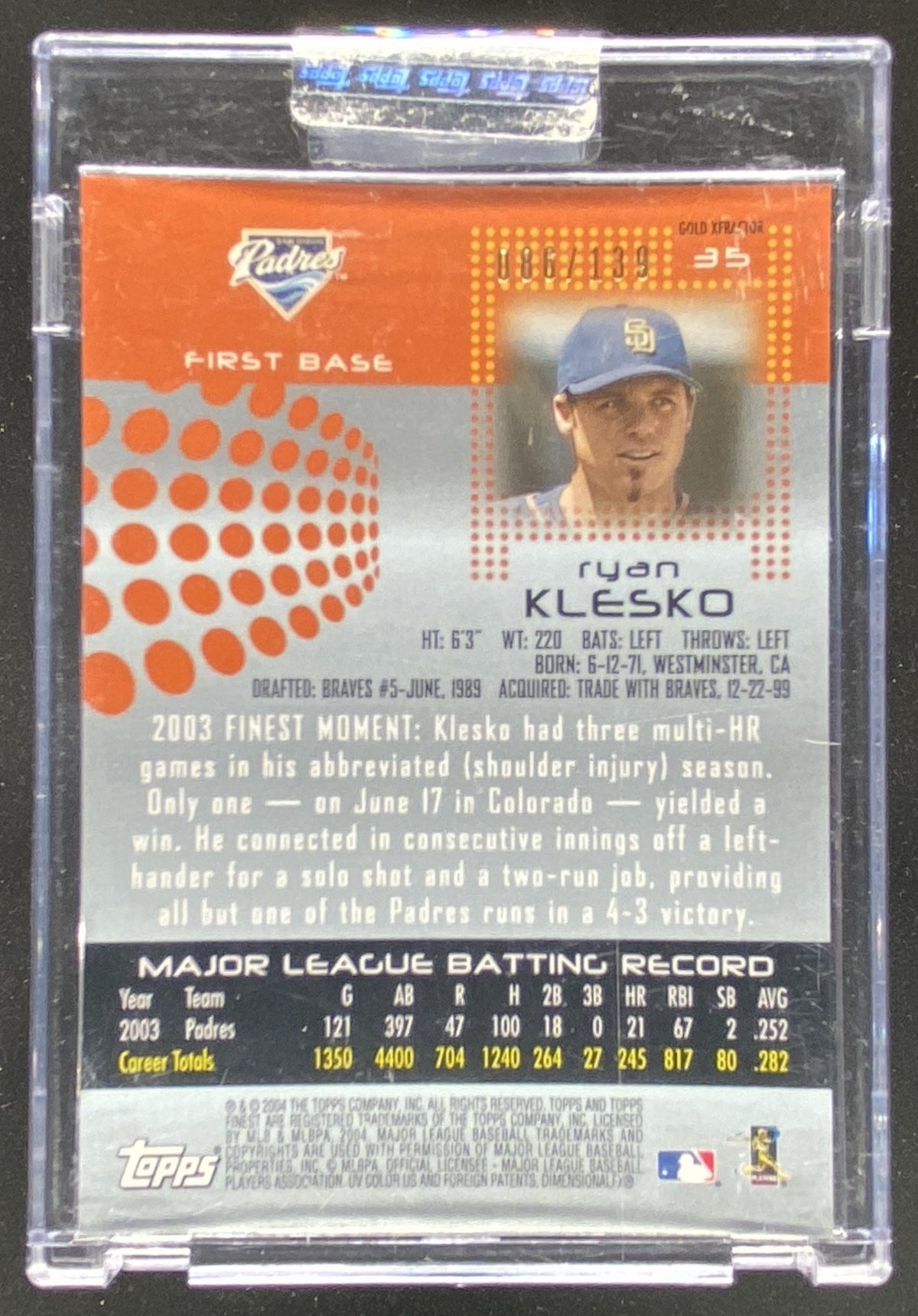 2004 Topps Finest Ryan Klesko trading card