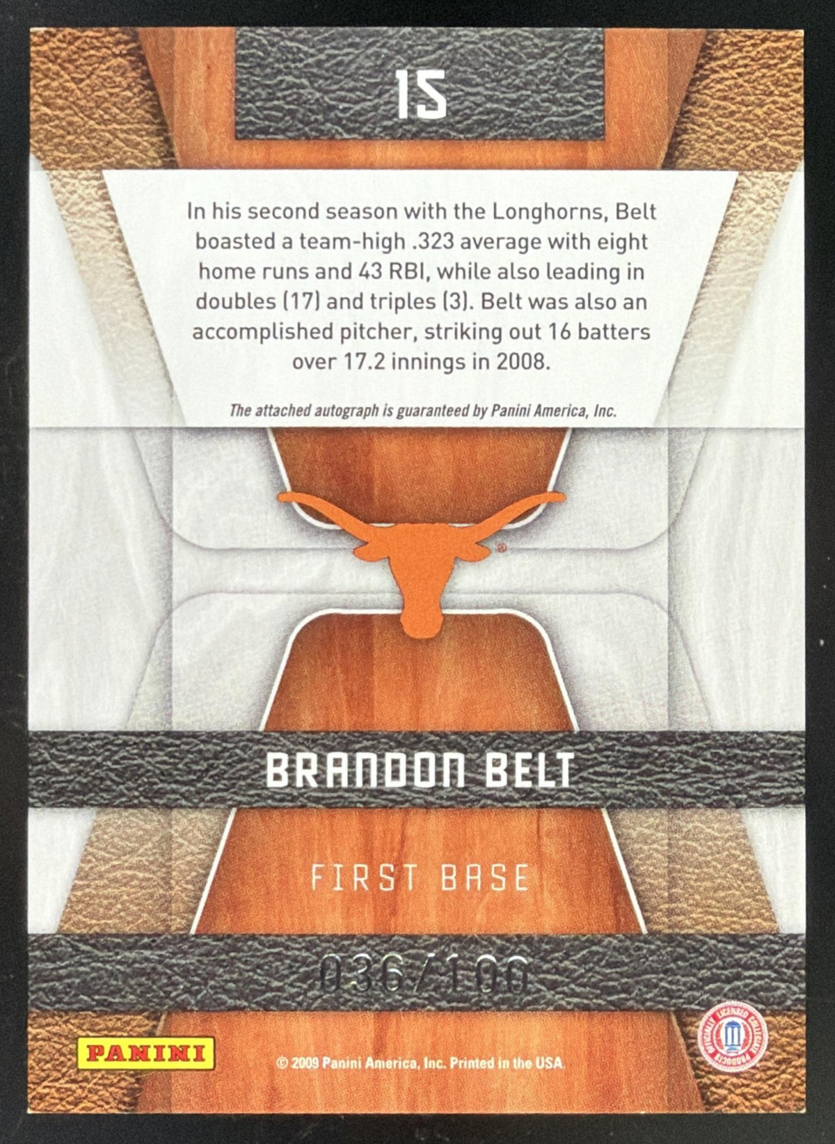 2009 Donruss Elite Extra Edition School Colors Brandon Belt Auto /100
