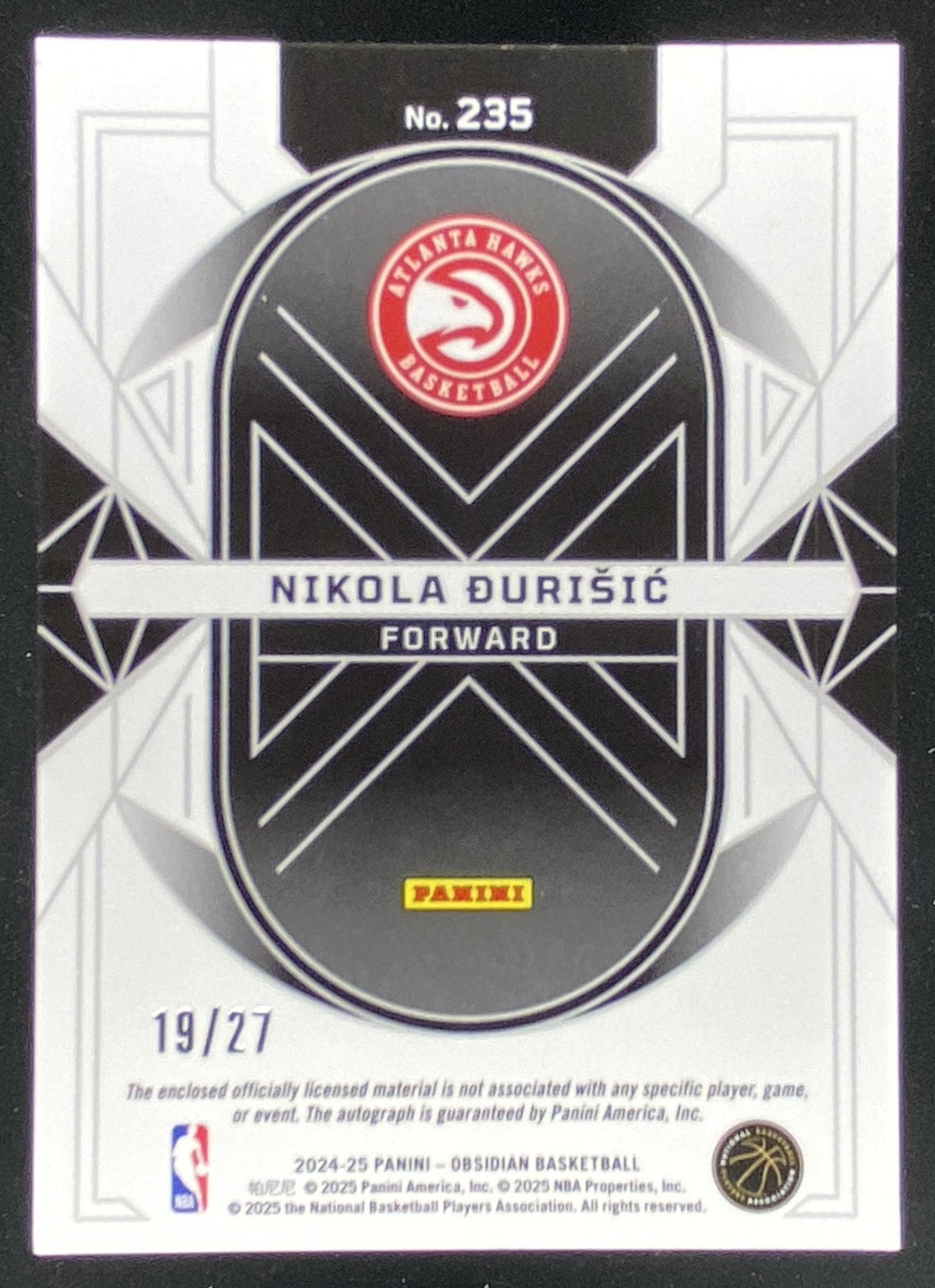 2024 Panini Obsidian Nikola Durisic trading card