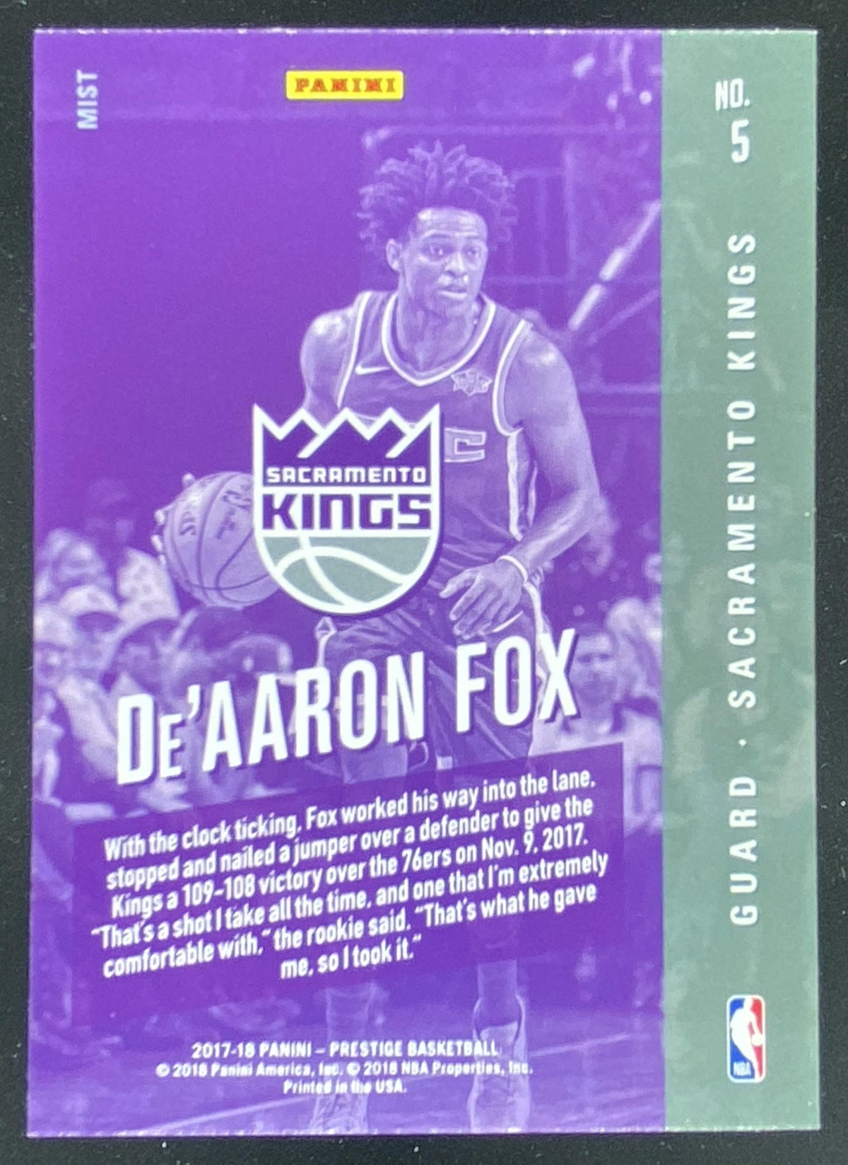 2017 Panini Prestige De'Aaron Fox #5 trading card