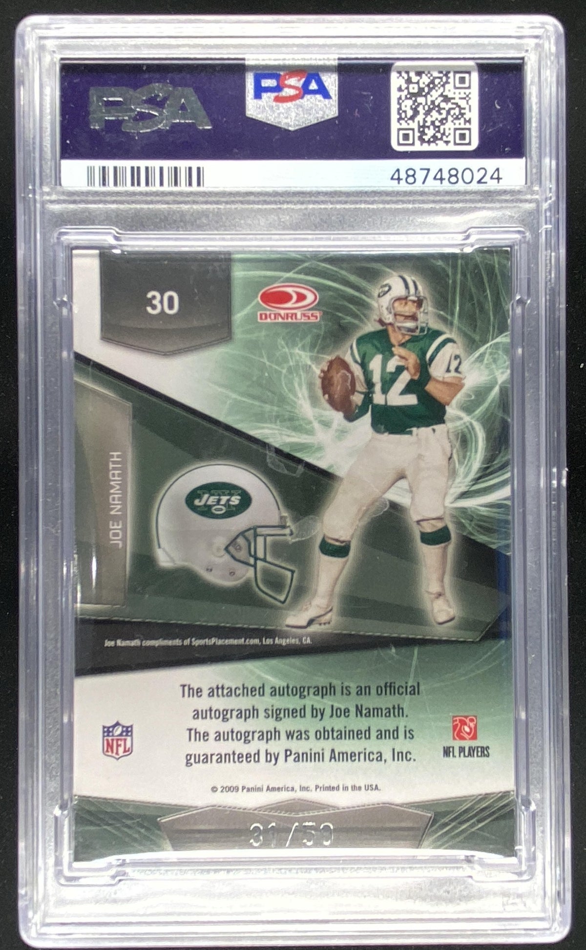 2009 Panini Donruss Gridiron Gear Joe Namath #30 graded PSA 7 trading card