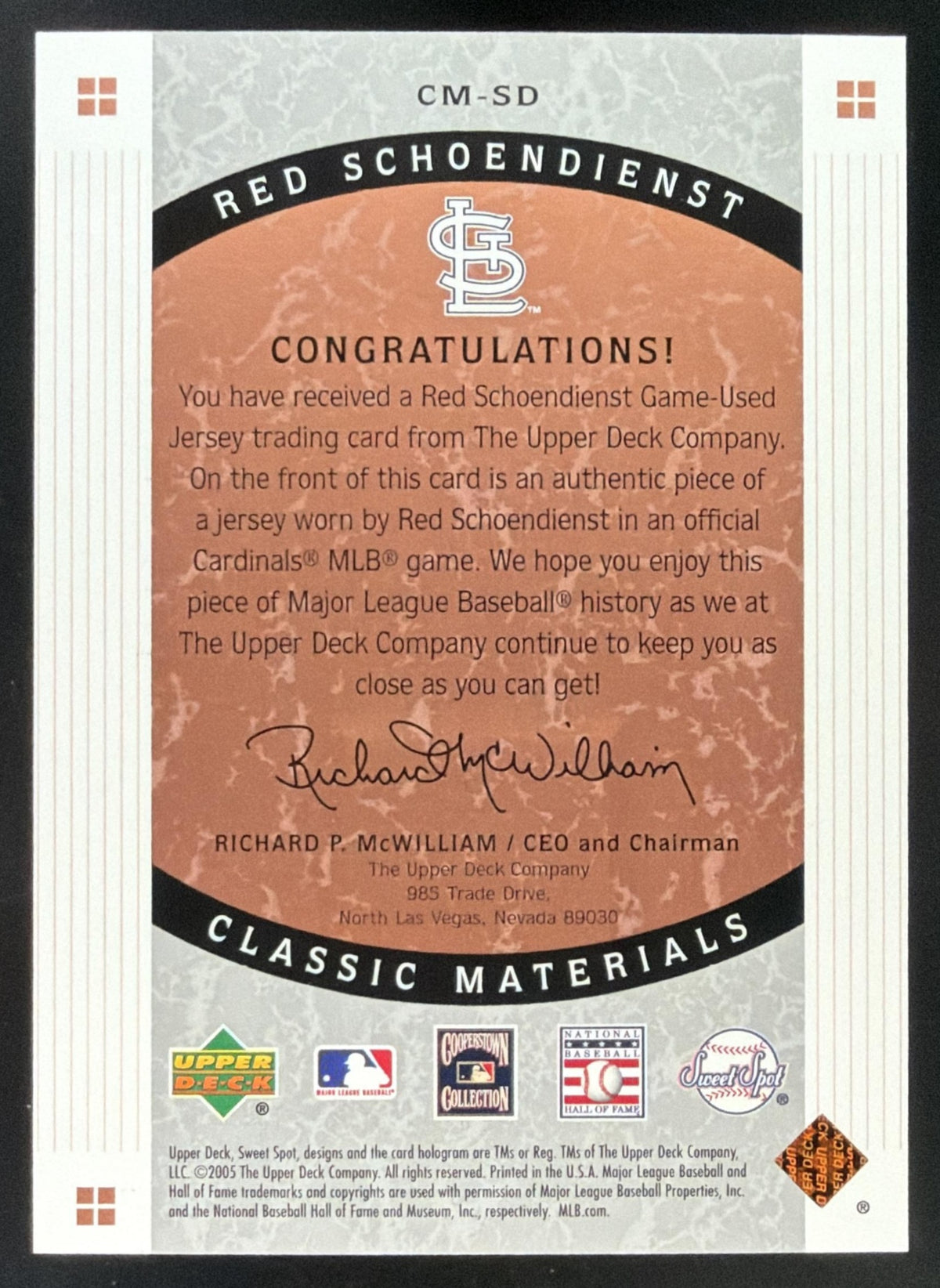 2005 Upper Deck Sweet Spot Classic Red Schoendienst Jersey