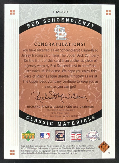 2005 Upper Deck Sweet Spot Classic Red Schoendienst Jersey