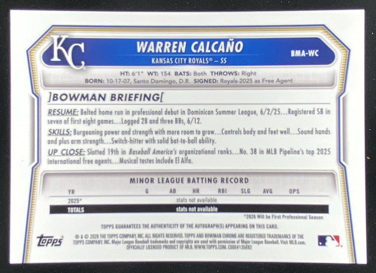 2026 Bowman Chrome Warren Calcano trading card
