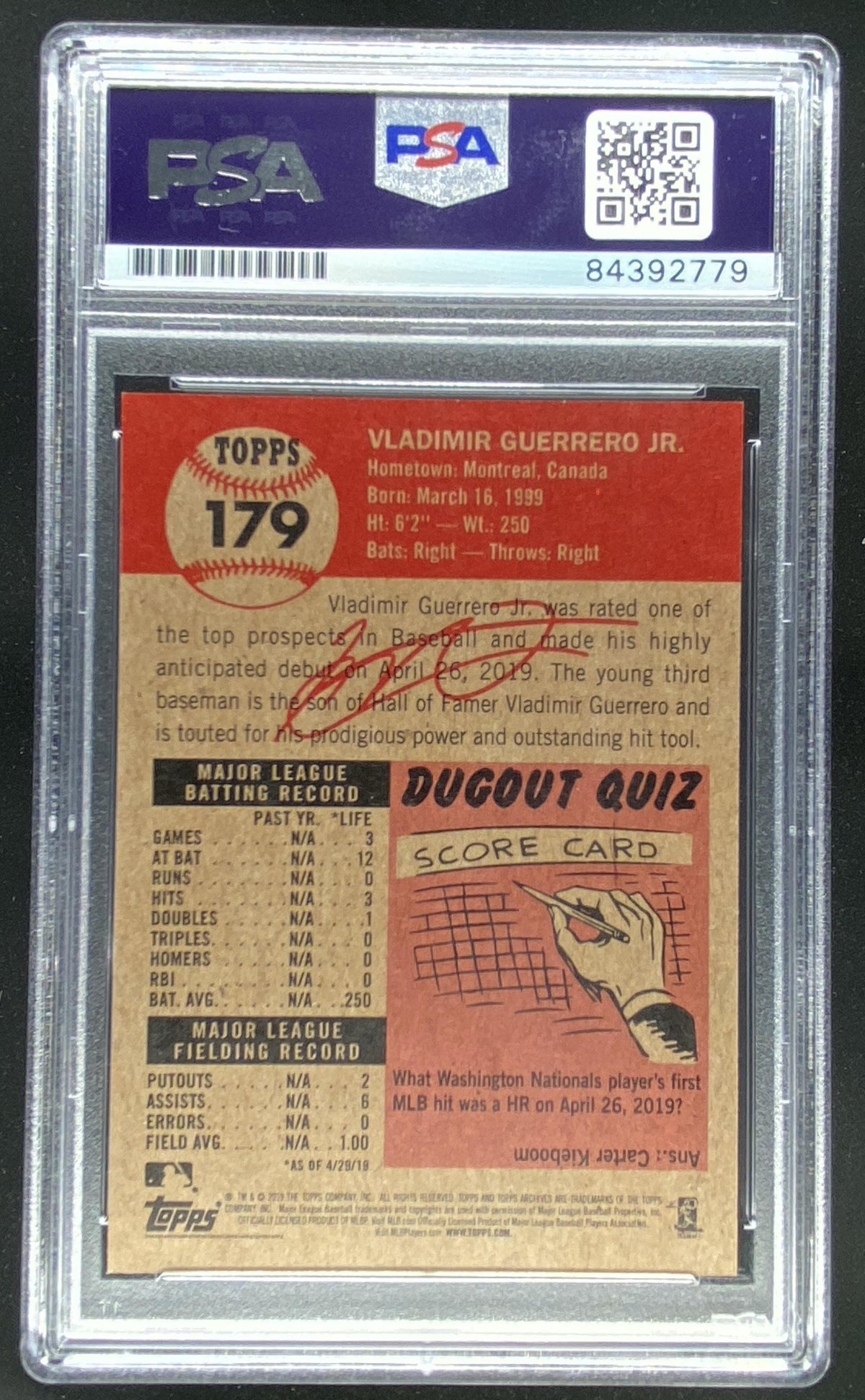 2019 Topps Vladimir Guerrero Jr. #179 PSA authenticated autograph trading card