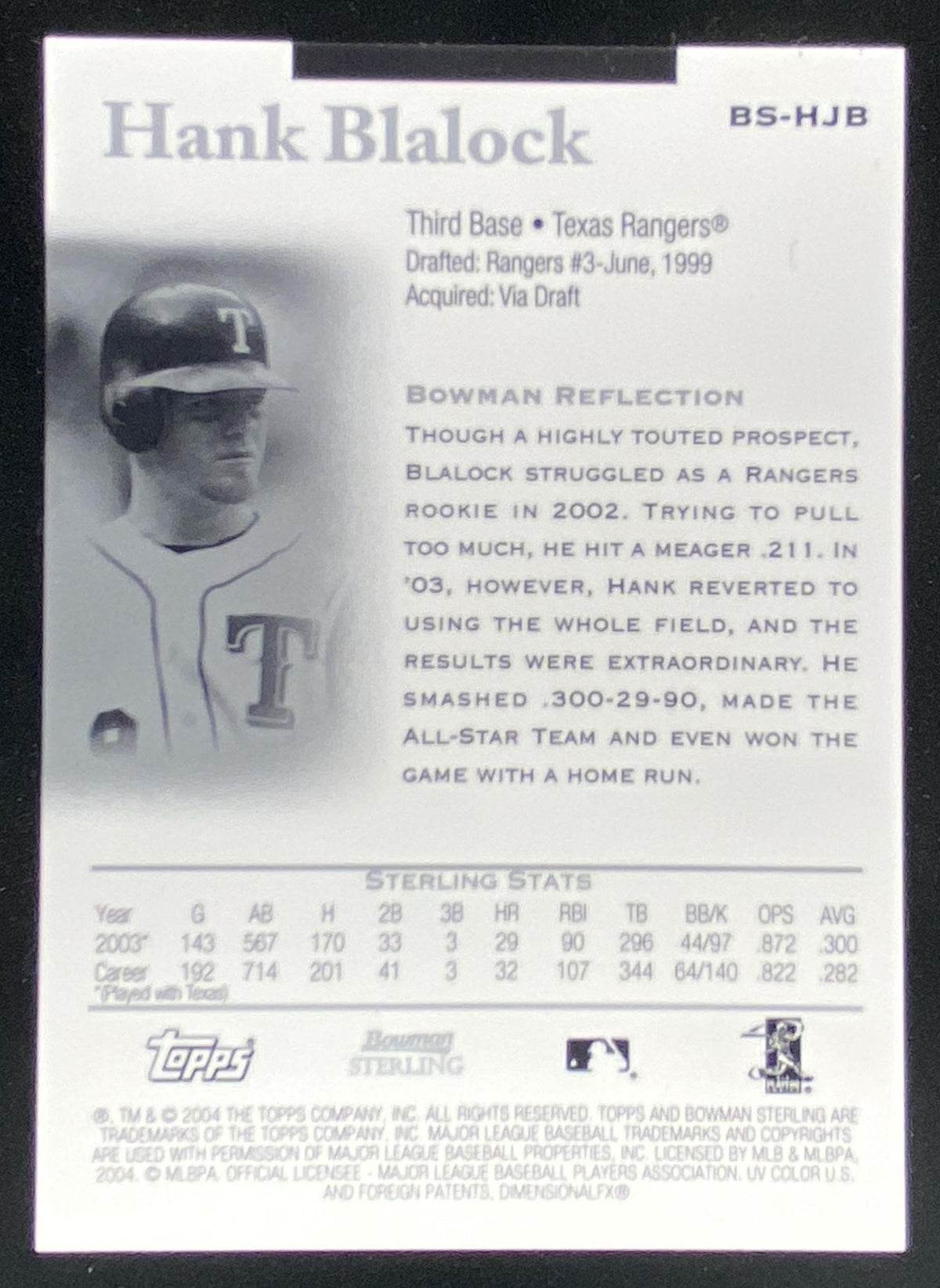 2004 Bowman Sterling Hank Blalock #BS-HJB trading card