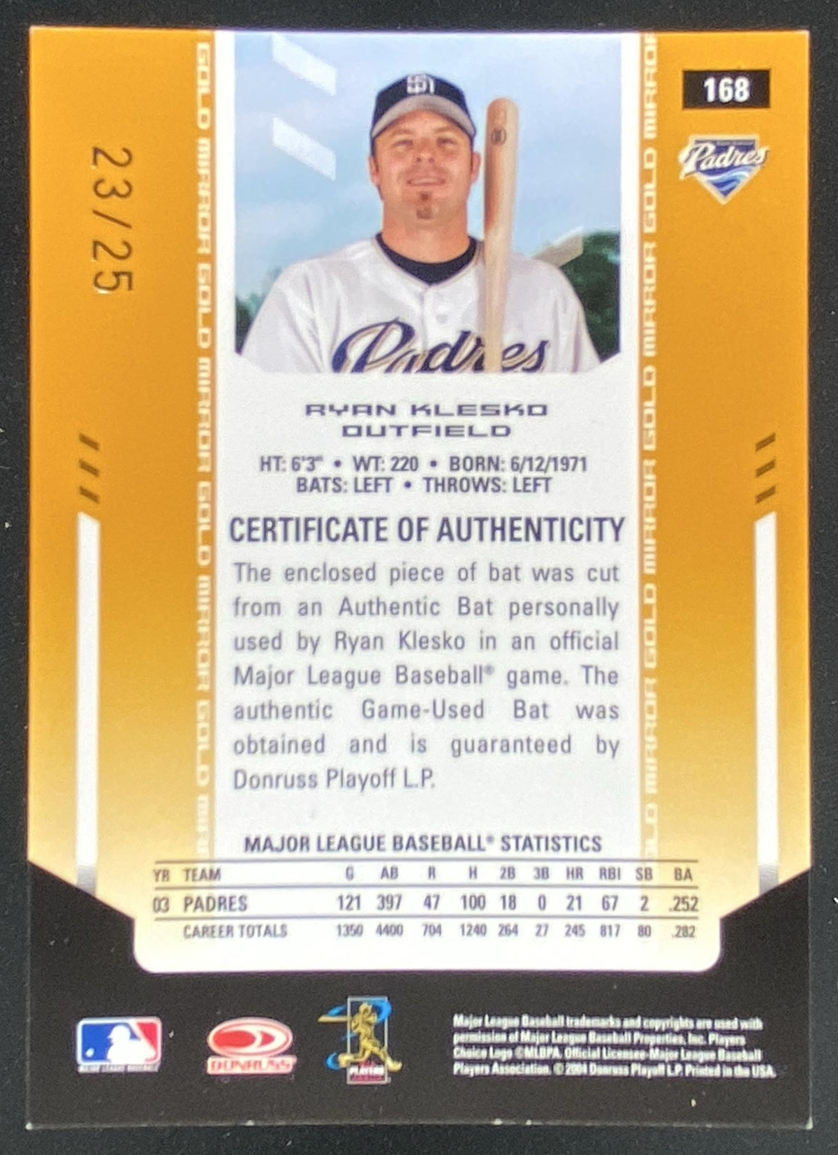 2004 Leaf Certified Materials Ryan Klesko #168 trading card