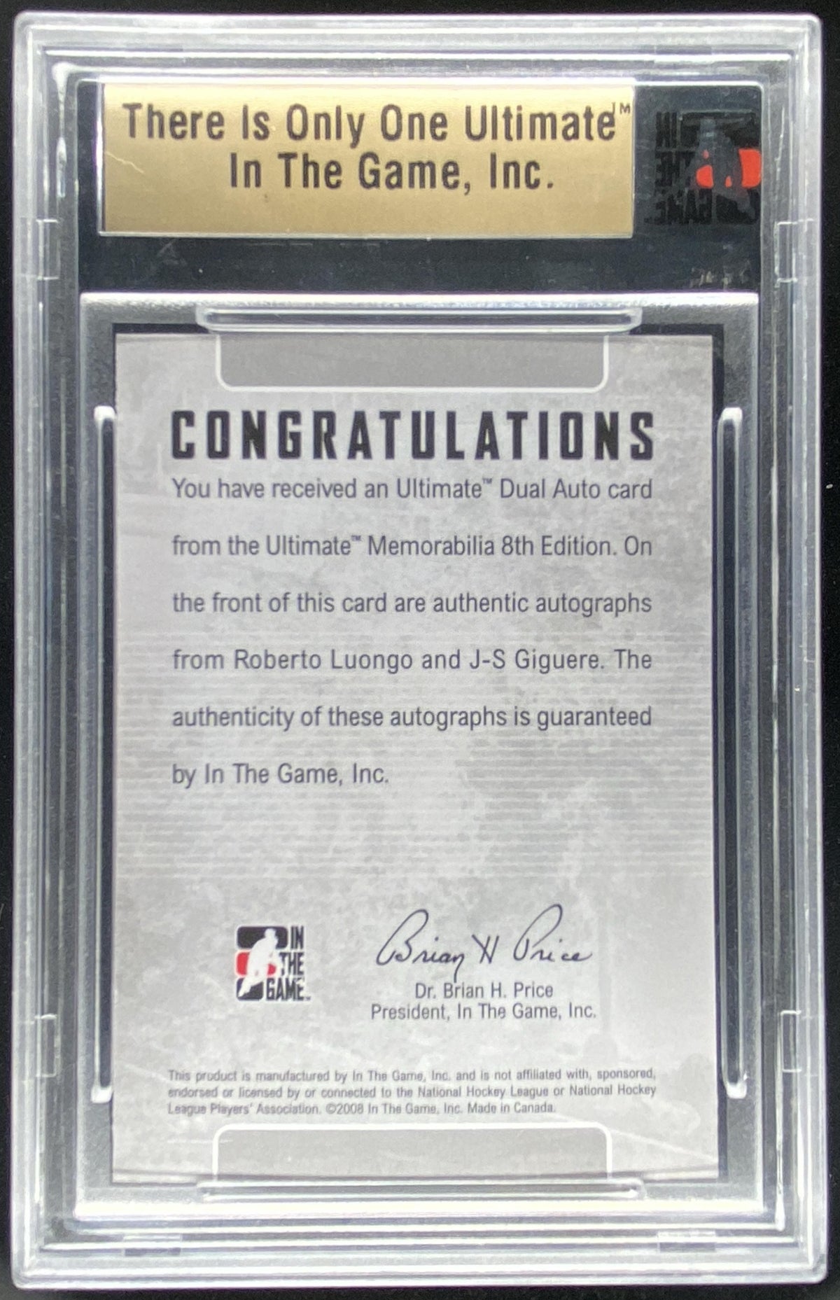 2008 In The Game Ultimate Memorabilia 8th Edition Roberto Luongo / J.S. Giguere trading card