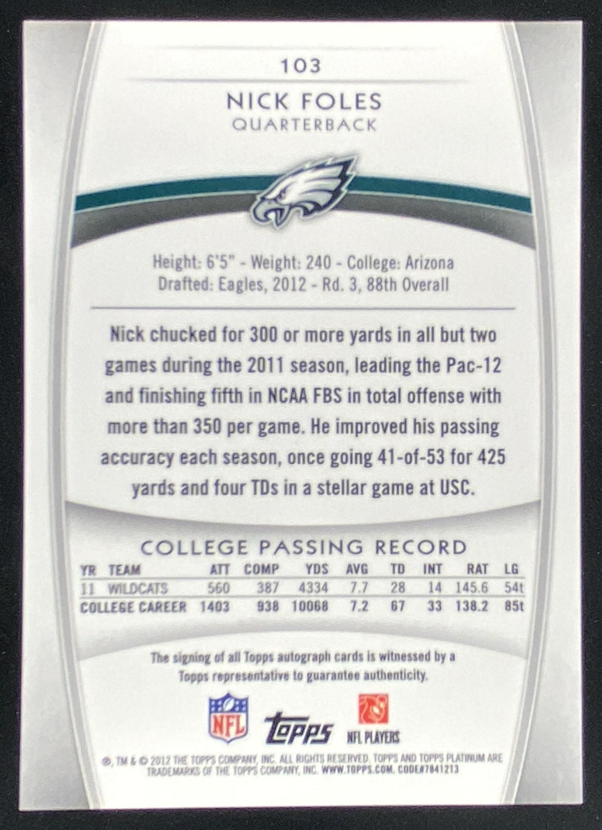 2012 Topps Platinum Nick Foles #103 trading card