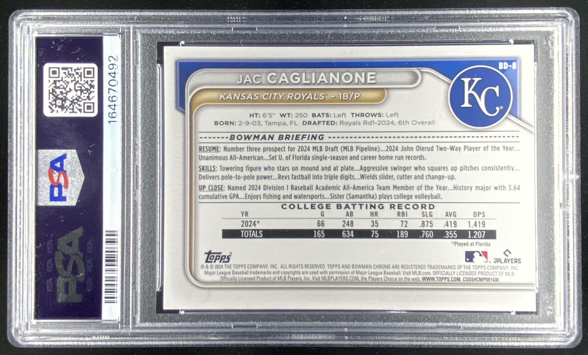 2024 Bowman Draft Jac Caglianone #BD8 graded PSA 10 trading card