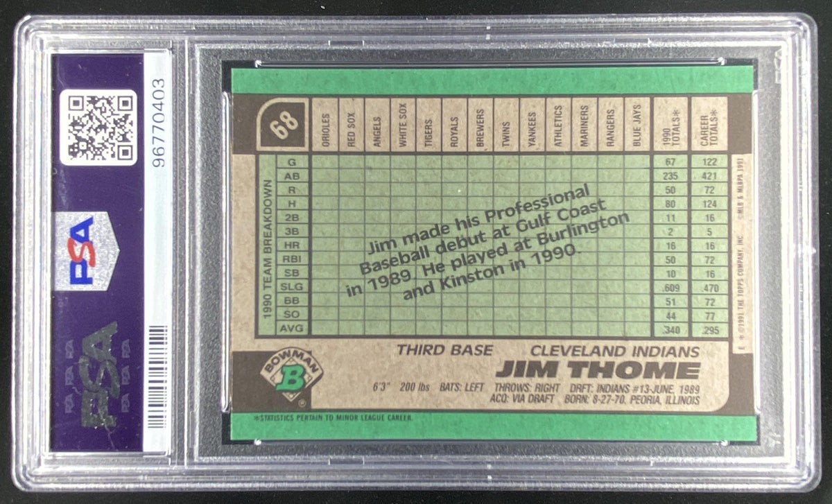 1991 Bowman Jim Thome #68 graded PSA 9 trading card