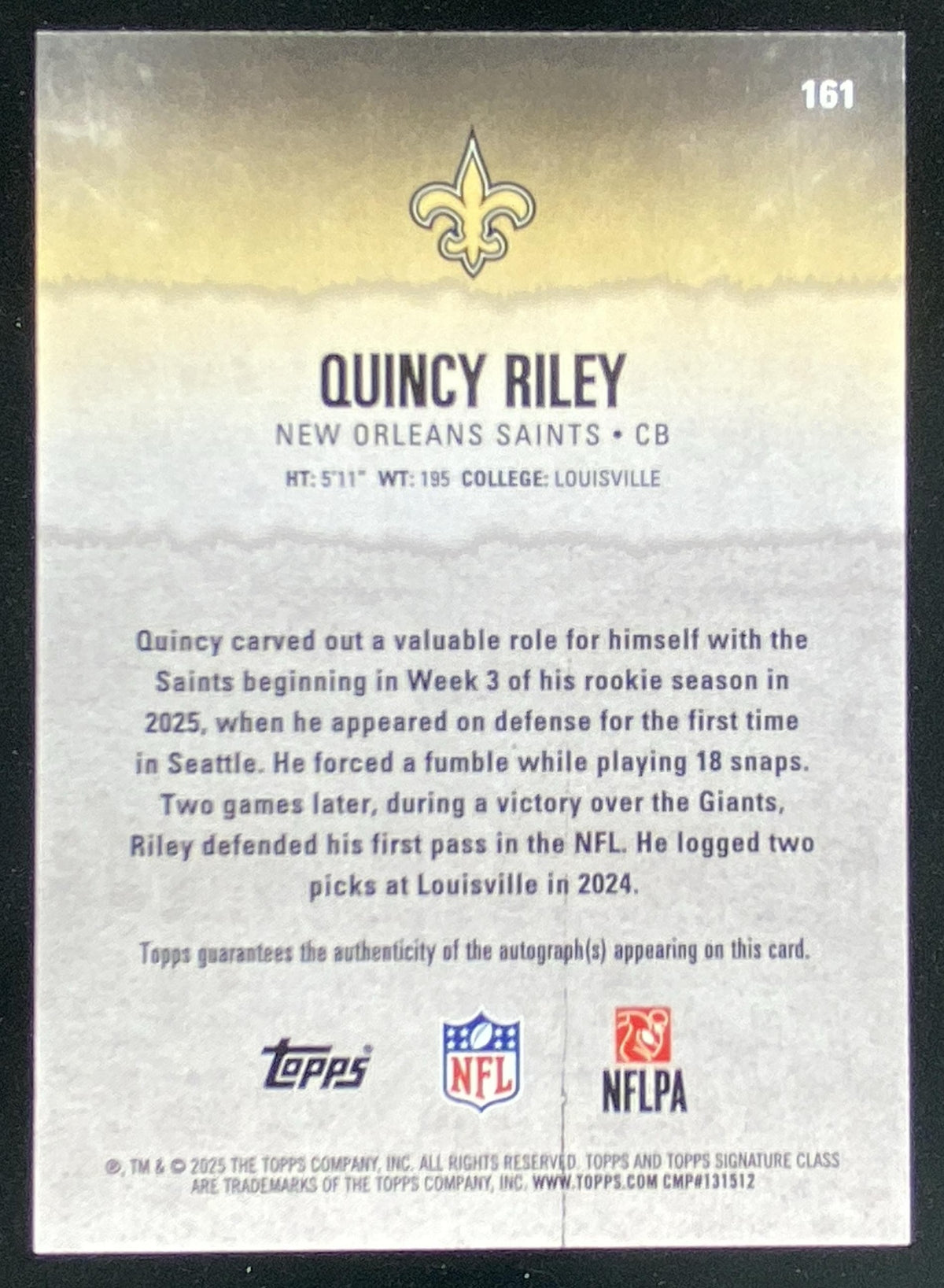 2025 Topps Signature Class Quincy Riley #161 trading card