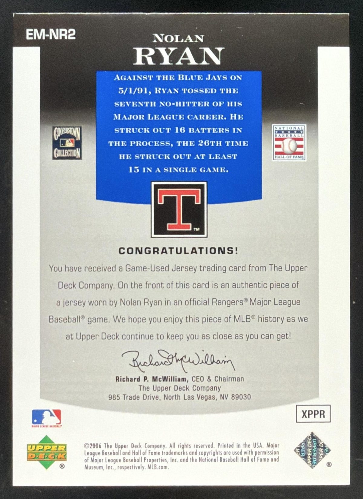 2006 Upper Deck Epic Materials Blue Nolan Ryan Jersey /99