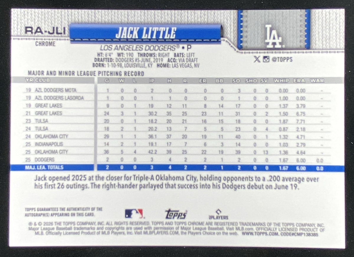 2026 Topps Chrome Jack Little #RA-JLI trading card