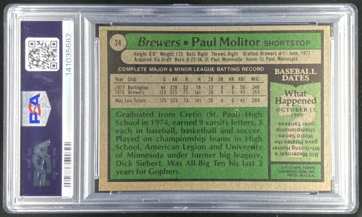 1979 Topps Paul Molitor PSA authenticated autograph graded 10 trading card