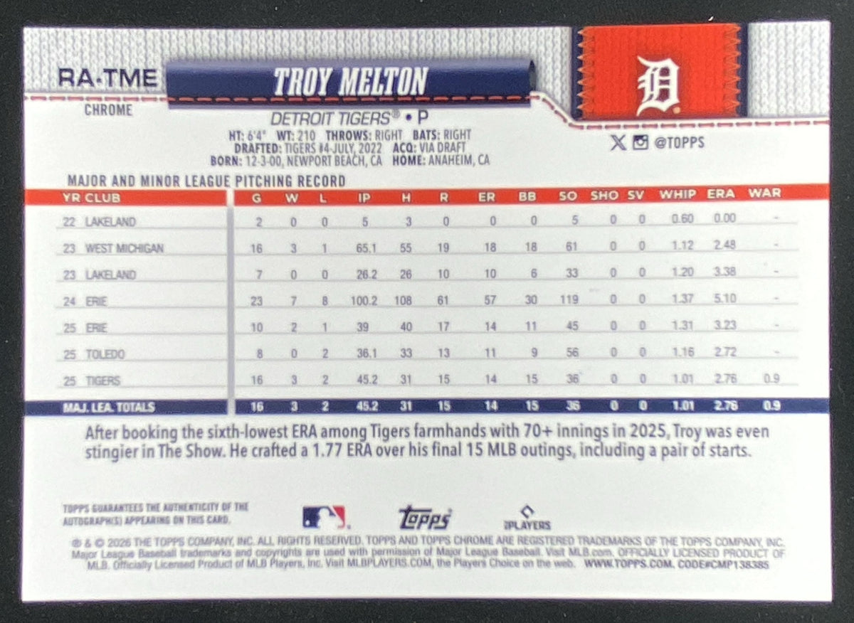 2026 Topps Chrome Troy Melton #RA-TME trading card
