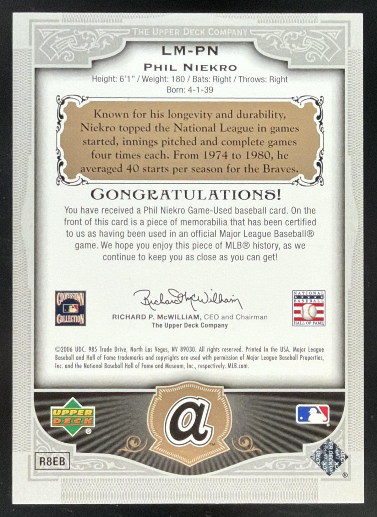 2006 SP Legendary Cuts Phil Niekro Jersey /225