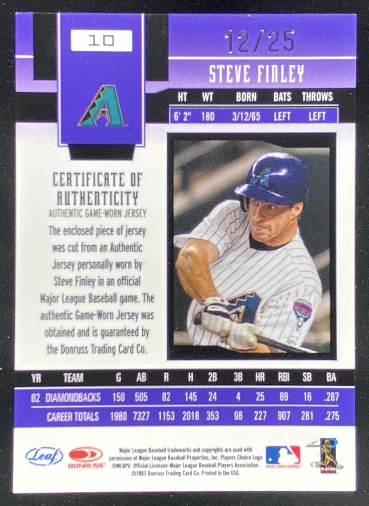 2003 Leaf Certified Materials Steve Finley #10 trading card