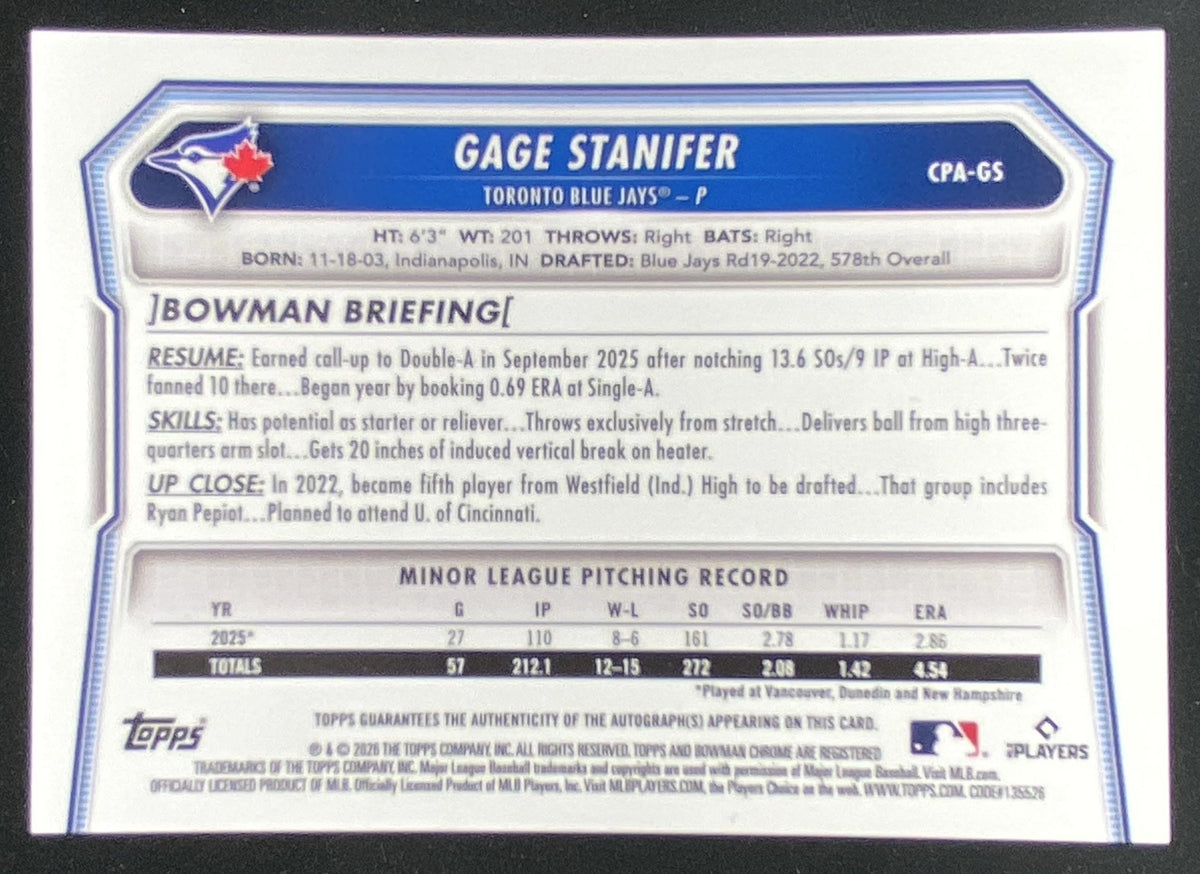 2026 Bowman Gage Stanifer #CPA-GS trading card