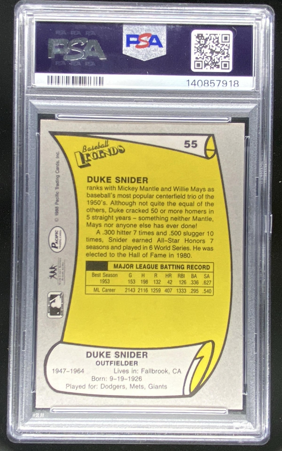 1988 Pacific Legends Duke Snider PSA authenticated autograph trading card