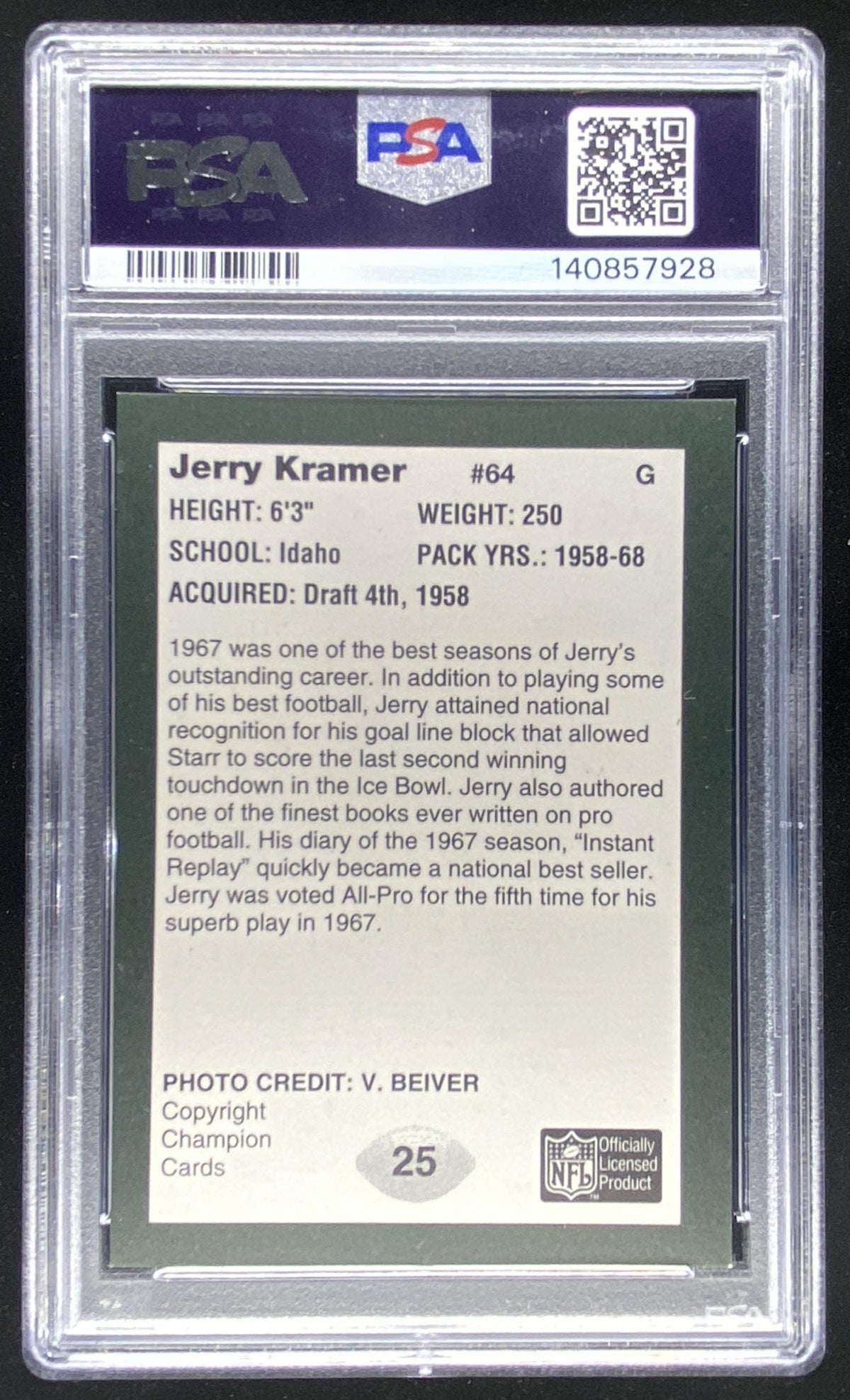 1991 Packers Super Bowl II Jerry Kramer PSA authenticated autograph graded 7 trading card