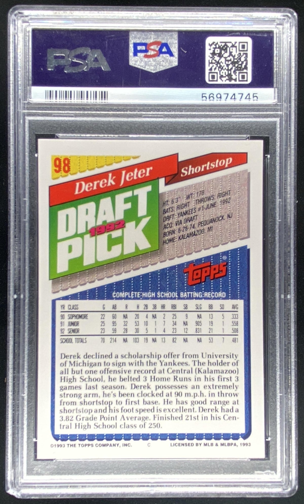 1993 Topps Derek Jeter #98 graded PSA 9 trading card