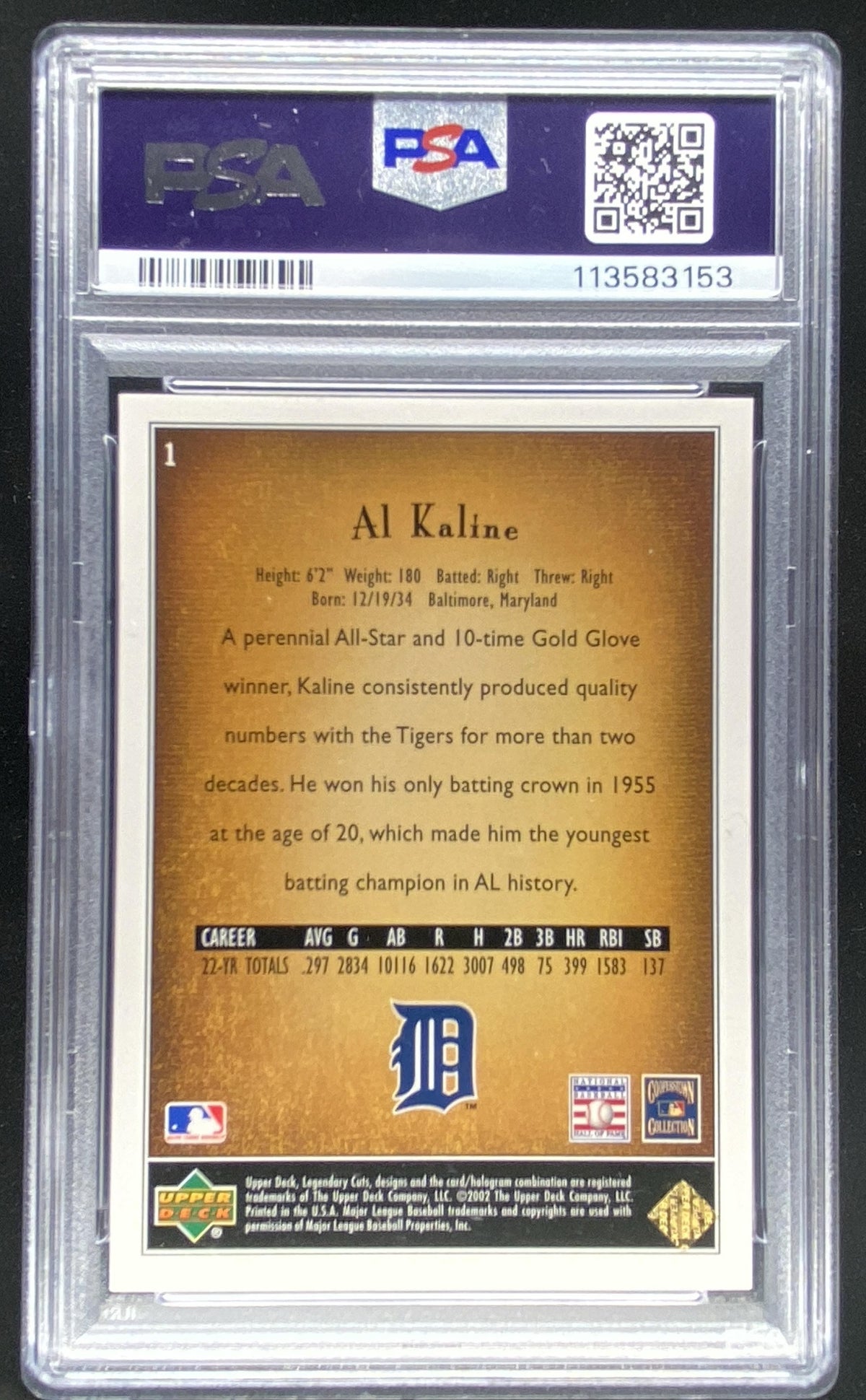2002 SP Legendary Cuts Al Kaline #1 PSA authenticated autograph trading card