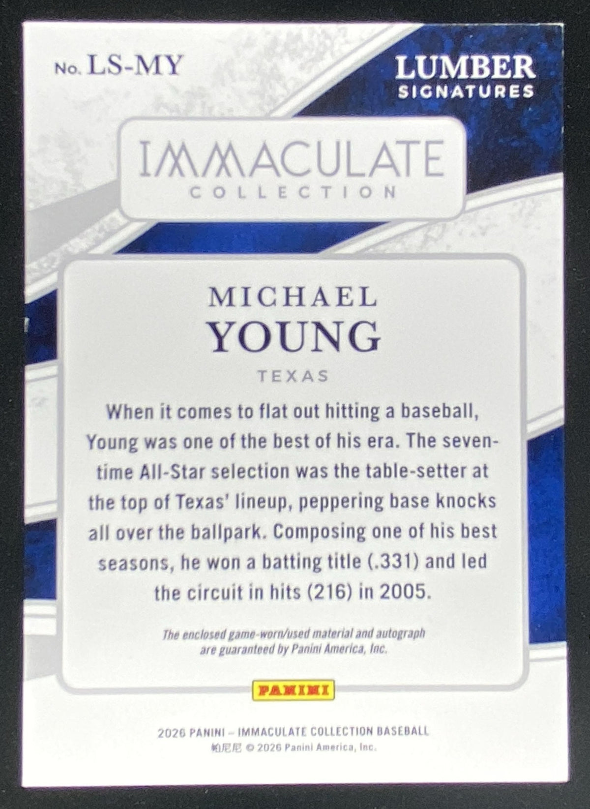 2026 Panini Immaculate Collection Michael Young trading card