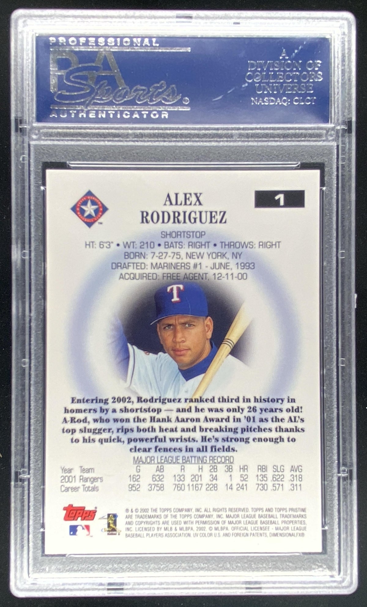 2002 Topps Pristine Alex Rodriguez #1 graded PSA 10 trading card