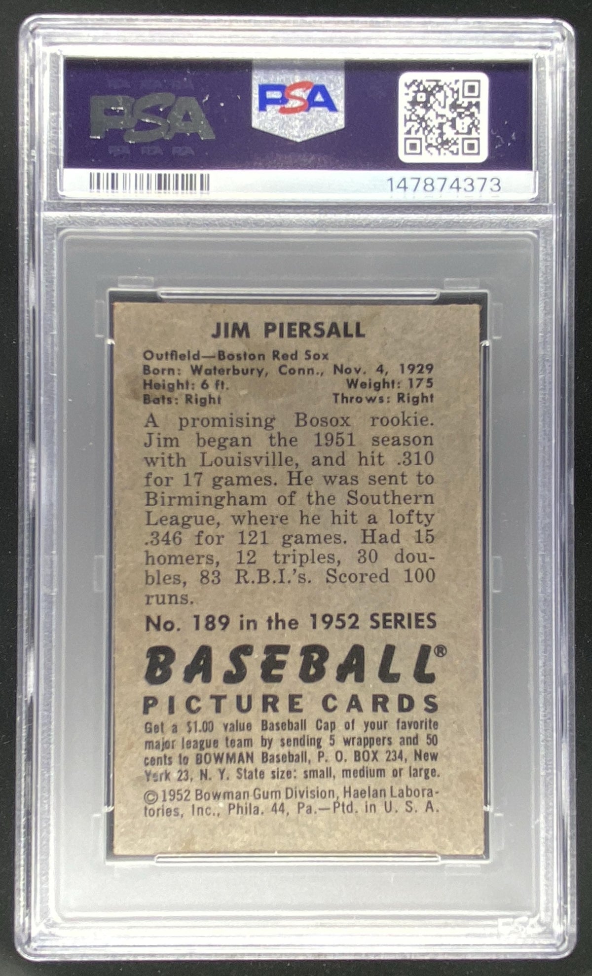 1952 Bowman Jim Piersall #189 graded PSA 4 trading card