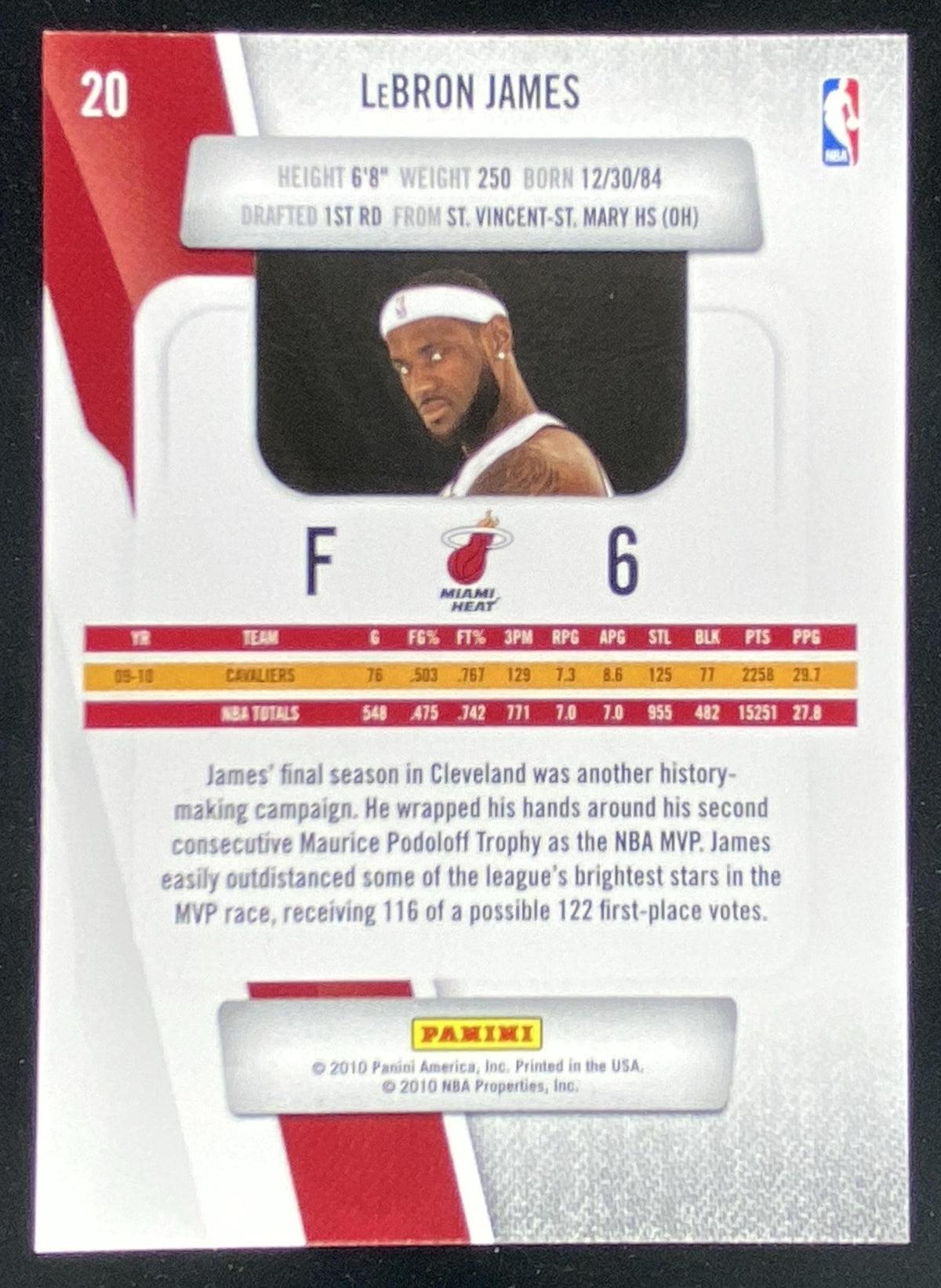 2010 Panini Prestige LeBron James #20 trading card