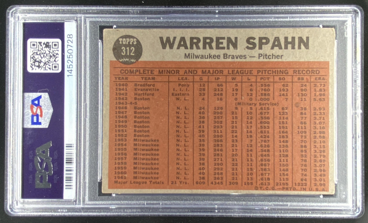 1962 Topps Warren Spahn #312 graded PSA 3 trading card