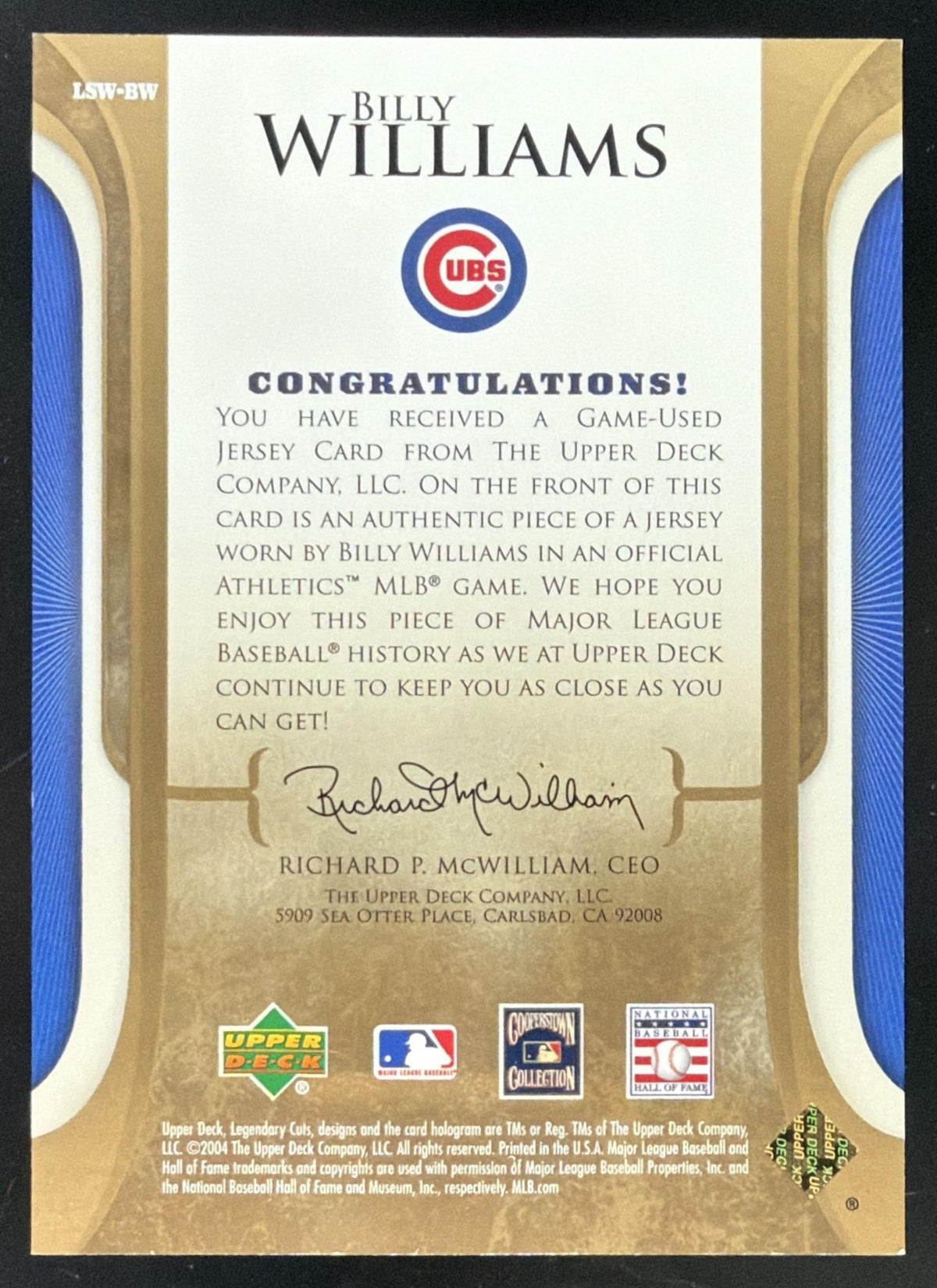 2004 SP Legendary Cuts Legendary Swatches Billy Williams Jersey