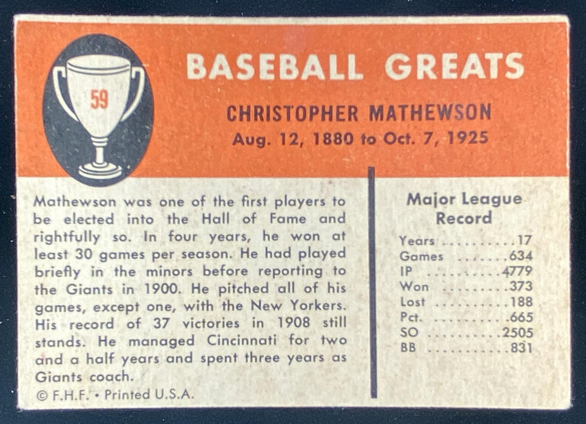 1961 Fleer Baseball Greats Christy Mathewson #59 trading card