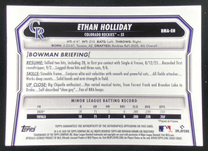 2026 Bowman Chrome Ethan Holliday #BMA-EH trading card