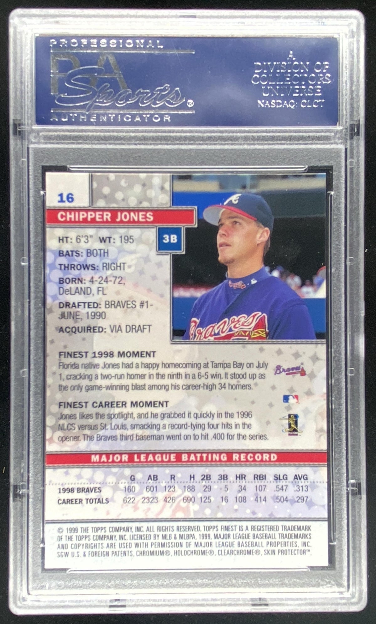 1999 Topps Finest Chipper Jones #16 graded PSA 10 trading card