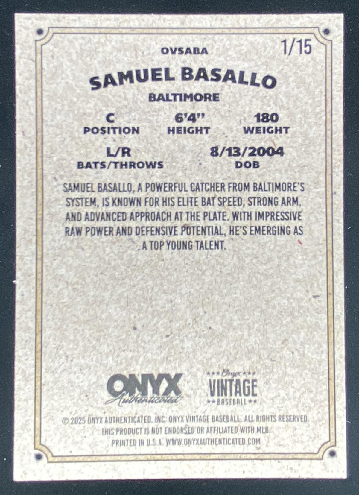 2025 Onyx Vintage Samuel Basallo #OVSABA trading card