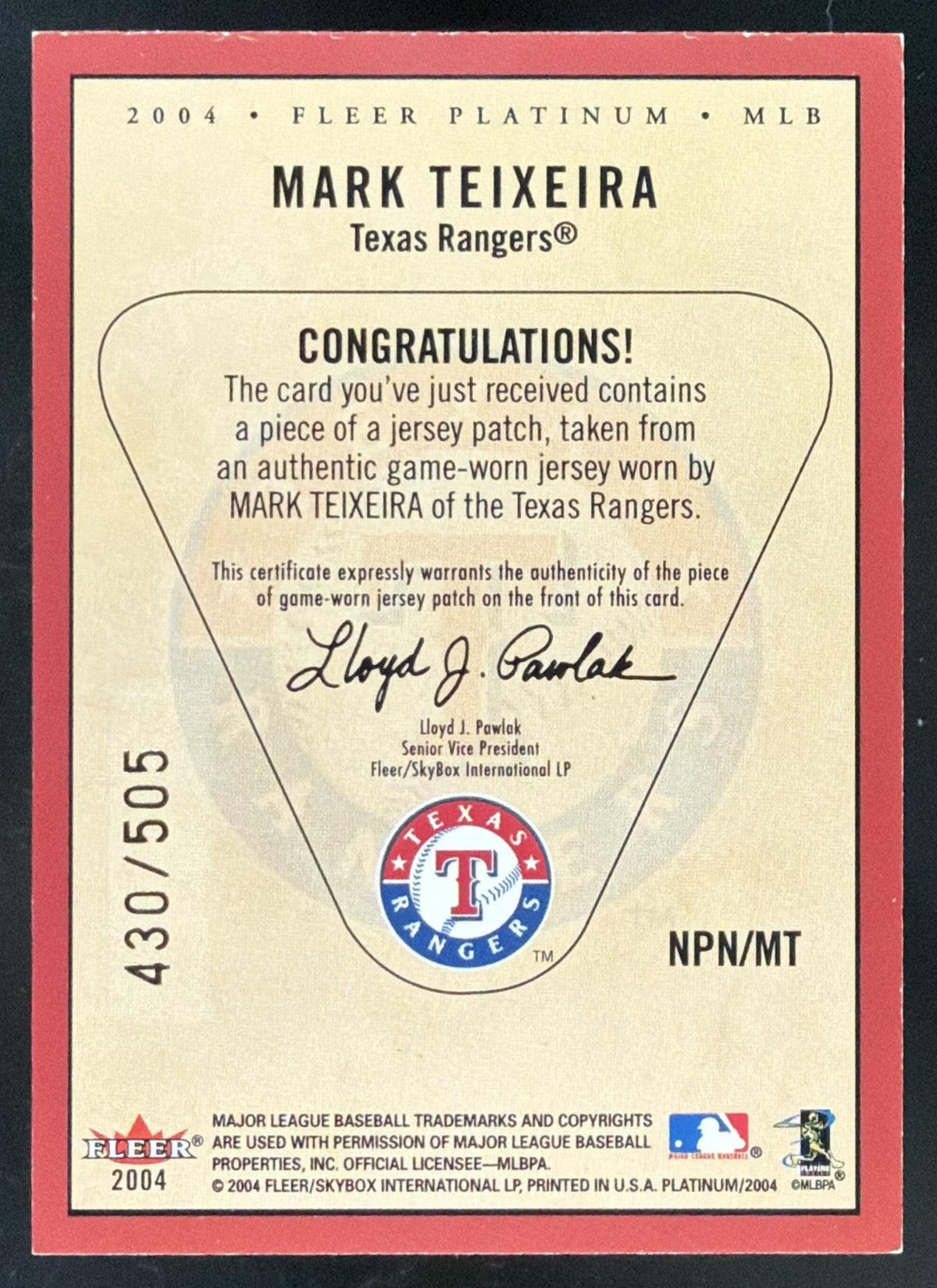 2004 Fleer Platinum Nameplates Mark Teixeira Patch /505